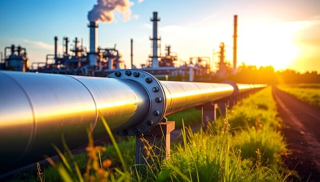 Industrial pipeline at sunset, traversing a grassy field towards a refinery complex - Powered by Adobe