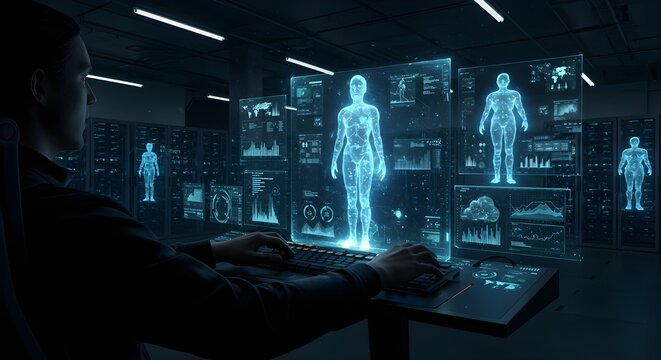 A blue holographic human figure displayed inside a futuristic control room, surrounded by digital screens and interfaces, symbolizing artificial intelligence, data analysis, and advanced technology. - Powered by Adobe
