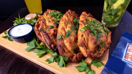 Delicious mongolian khuushuur fried meat pies served with fresh herbs and dipping sauce on a wooden board