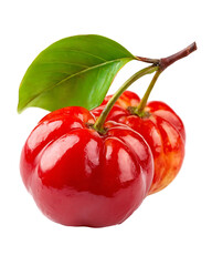 Fresh acerola cherries with vibrant red skin and green stems, isolated on transparent background, showcasing various clusters and single fruits, rich in vitamin C. See Less

