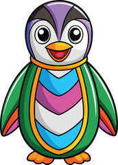 Adorable cartoon penguin with colorful stripes and big eyes