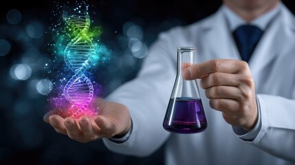 Human hand of a scientist holding a glowing colorful genetic DNA helix structure and a laboratory flask with vibrant purple chemical solution during a modern scientific experiment.