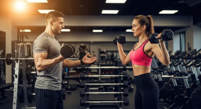 In a Gym, a male personal trainer assists a female client with arm exercises. They are both lifting dumbbells, building muscle strength during their weightlifting training session