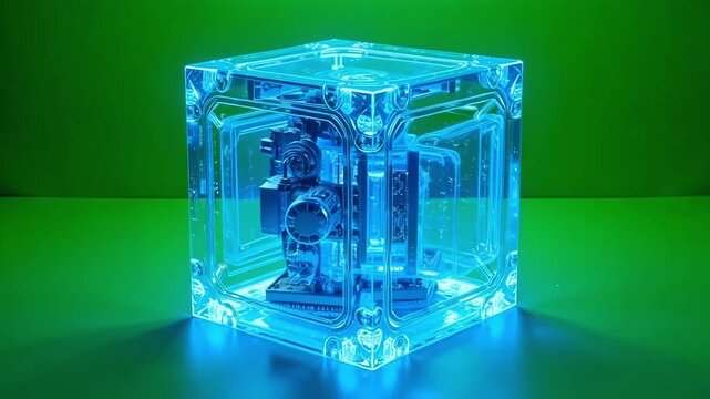 Intricate futuristic machine encased in glowing blue crystal cube, symbolizing advanced technology and innovation.