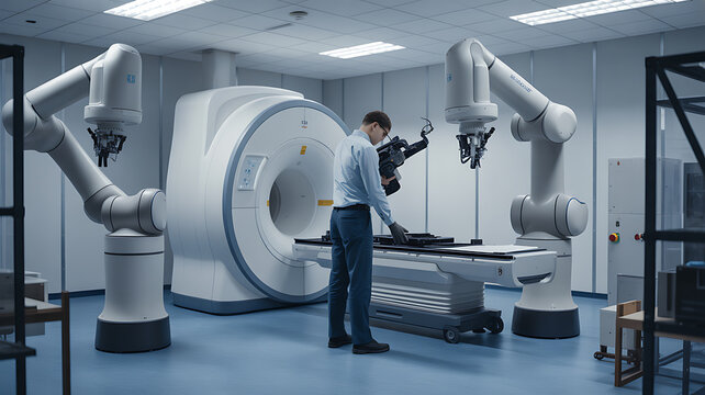 Medical technician operating robotic arms in a modern imaging room with an MRI machine