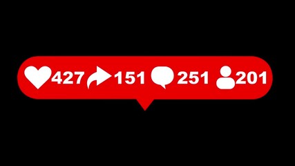 Social media counter animation with fast-growing metrics: likes, comments, share, and followers. Red social media symbol. Rising numbers of likes, comments and shares. Social media interaction count.