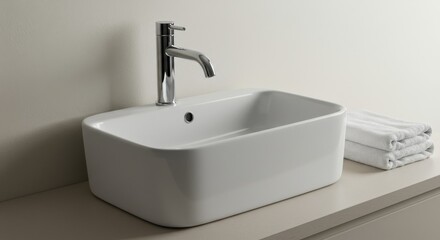 Fototapeta premium Modern white sink with chrome faucet and towels on countertop 