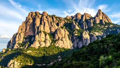 Dramatic mountain range bathed in sunlight