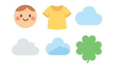 Obraz premium Cute and simple emoji style icons of face, t shirt, clouds, and clover