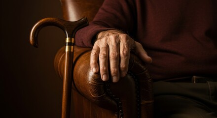 Obraz premium Elderly man's hand resting on leather armchair with cane nearby 
