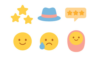 Cute flat emoji and hat icons with star rating and baby face