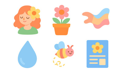 Colorful flat spring elements set with flower, bee, and abstract shapes