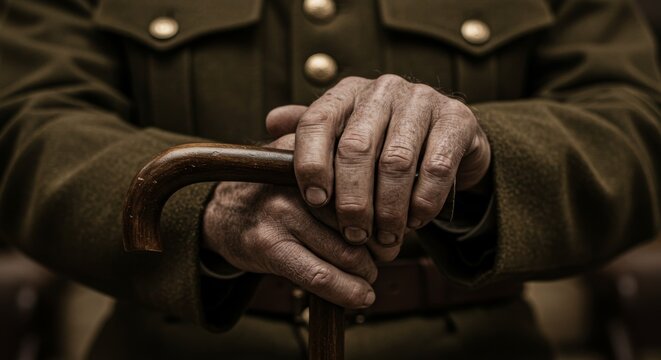 Elderly soldier resting hands on cane while wearing uniform indoors  