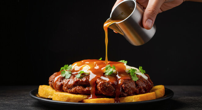 Authentic Bolivian Pique a lo Macho with spicy sauce pour