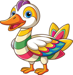 Colorful cartoon duck with rainbow feathers and striped body