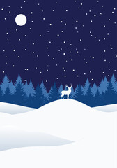 Fototapeta premium Winter background with copy space, a deer on snowy hill under starry night, EPS vector graphic