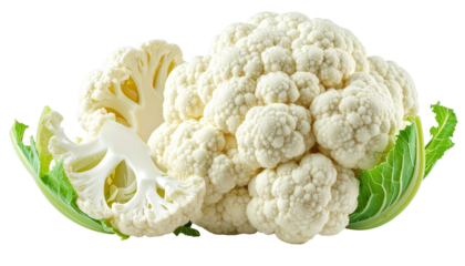 Fresh cauliflower, shown in full view against a solid black background, is presented with detailed texture and a cut section revealing the inner structures of the plant, surrounded by green leaves.