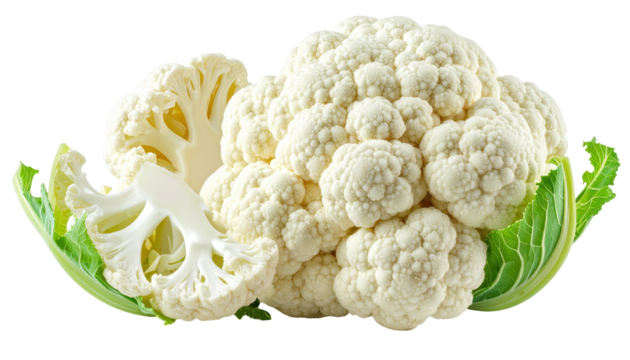 Fresh cauliflower, shown in full view against a solid black background, is presented with detailed texture and a cut section revealing the inner structures of the plant, surrounded by green leaves.