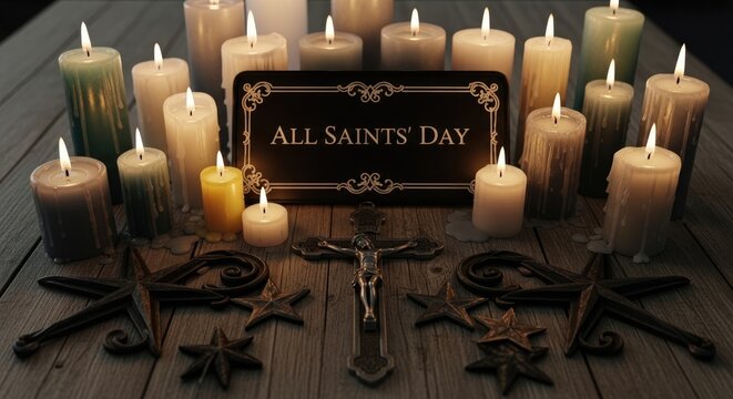 All Saints Day sacred commemoration with a sign, many tall burning candles showing melting wax, a holy crucifix, and stars on aged wood. Spiritual light for devotion.