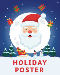 festive holiday poster vector illustration with cheerful santa head  in red hat, full moon background, snowmen, decorated sleigh, gift boxes and pine trees in snowy night scene, winter seasonal design