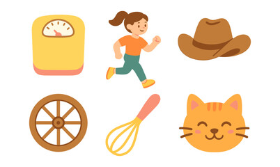 Fototapeta premium Playful cartoon elements: running girl, kitchen tools, and cat face in simple style