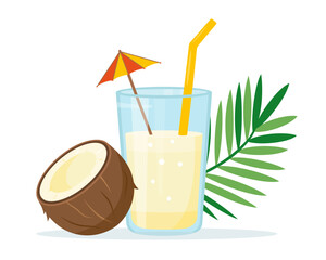 Fresh tropical Coconut juice or milk in glass and half of coconut. Diet vitamin juice or smoothie. Detox cocktail for healthy dieting. Vector illustration isolated on white background.