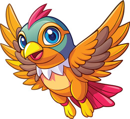 Cute cartoon bird with big blue eyes and orange wings flying
