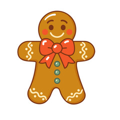 Cute gingerbread man with a bright red bow and decorative icing. Vector Christmas image for festive design: postcards, posters, packaging, children's products, websites, and advertising.
