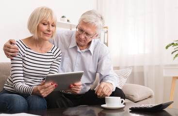 Modern pensioners. Senior couple using digital tablet in living room