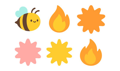 Cute cartoon bee with simple flame and flower shapes: bright and playful design elements