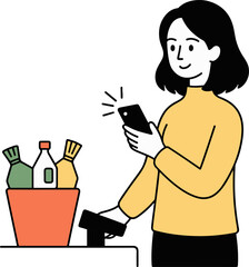 Vector art of a woman is scanning groceries with her smartphone, she is wearing a yellow sweater and has short black hair the groceries are in a red basket