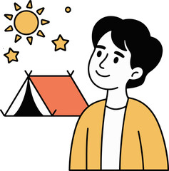 Vector art of a man gazing at a camping scene with a tent, sun, and stars, evoking a sense of adventure and outdoor exploration the illustration captures the joy of nature and travel
