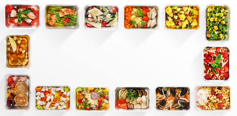 Weight loss nutrition in take away containers, collage on white, isolated, top view