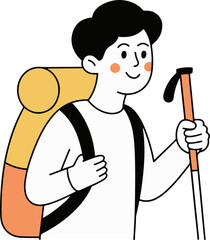 Illustration of a happy young man hiking with a backpack and trekking pole, he is smiling and enjoying the outdoors, ready for an adventure in the mountains or forest