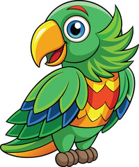 Fototapeta premium Cute cartoon green parrot with colorful chest feathers