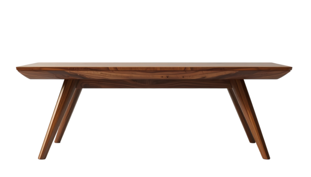 Wooden table featuring a minimalist design with clean lines, angled legs, and a natural wood grain finish, providing a stylish and contemporary furniture aesthetic against a simple black backdrop.