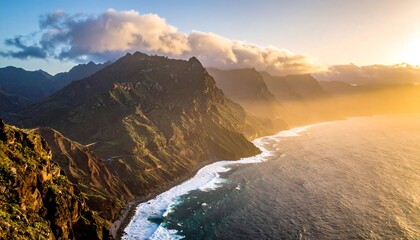 Dramatic sunset over a rugged coastline
