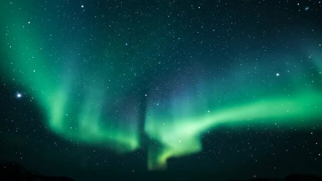 Close-up dolly shot of the intense green and blue swirling patterns of the aurora borealis against a backdrop of distant stars energetic, moving, celestial dance