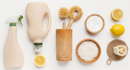 Bio cleaning natural products - salt, lemon and washing soda, vinegar, bio designed package, panorama, white background