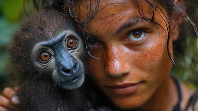 A woman holds a baby monkey close to her chest, surrounded by lush greenery