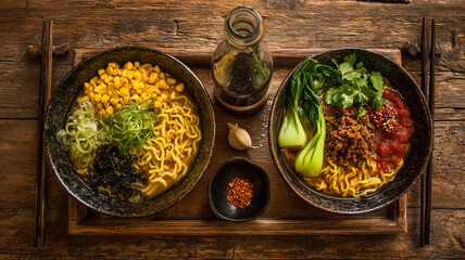 木のテーブルで二皿のラーメンを俯瞰