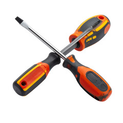 Fototapeta premium Three screwdrivers with black, orange, and yellow grips are crossed against a stark black background, showcasing the tools' design and construction in a well-lit and isolated shot.