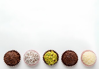 An elegant flat lay of five brigadeiros in different flavors &mdash; chocolate, coconut (beijinho), pistachio, raspberry, and white chocolate &mdash; arranged in a gentle curve along the lower edge of the frame.