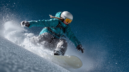 女性が高く舞うスノーボード技