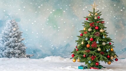 Obraz premium Decorated christmas tree in snowy winter forest scene