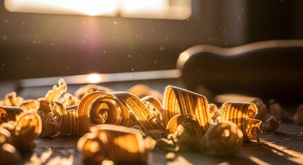 Golden Wood Shavings on a Carpenters Workbench.