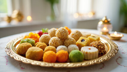 Chhath Puja traditional Indian sweets on golden plate, festive mithai offerings for Sun God worship