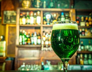 Green beer in a glass at a bar