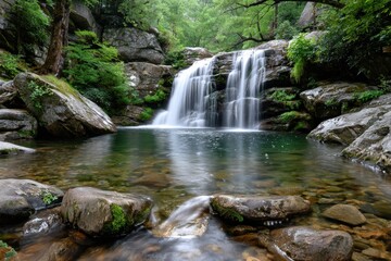 Obraz premium Serene Waterfall Cascading into a Crystal Clear Pool