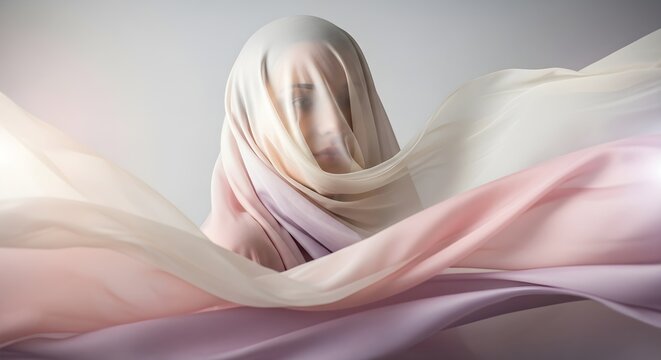 Anonymous portrait of a person covered in flowing pastel fabric.